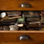 Objets anciens empiles horizontalement dans tiroir ouvert