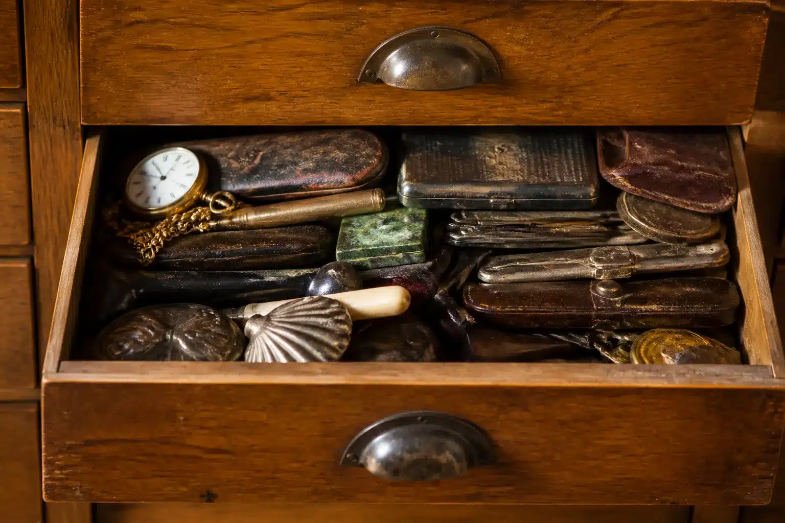 Objets anciens empiles horizontalement dans tiroir ouvert