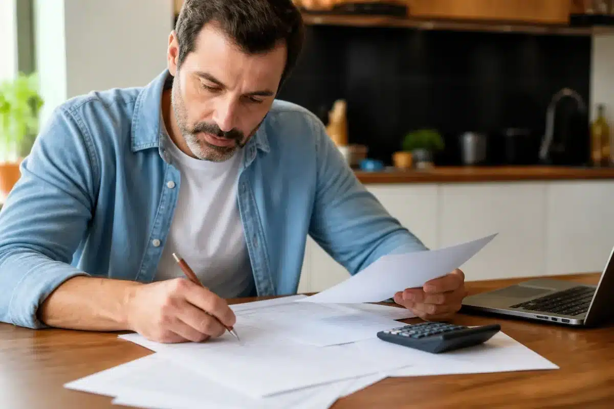 Personne remplissant formulaire bancaire avec documents revenus