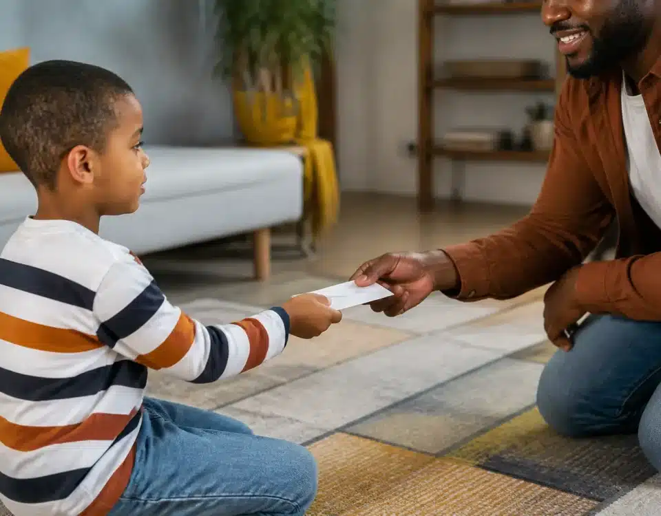 Parent remettant enveloppe argent liquide enfant assis face a face