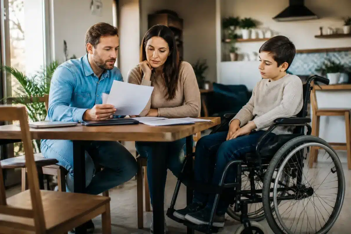 Parent tenant enfant en fauteuil roulant, documents administratifs visibles