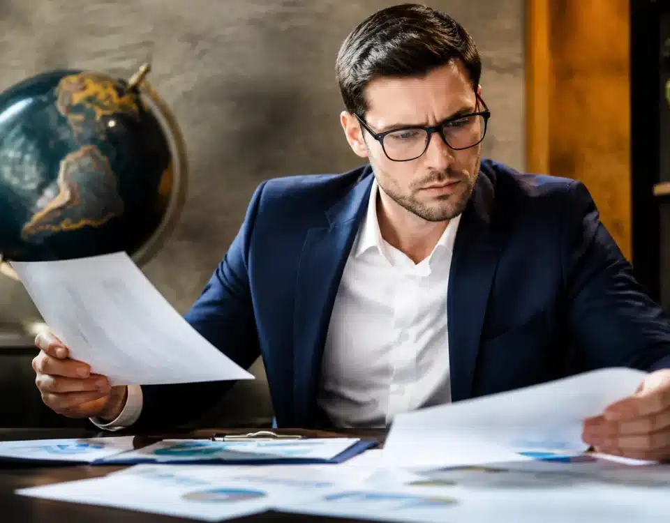 Personne assise consultant documents financiers avec globe terrestre visible