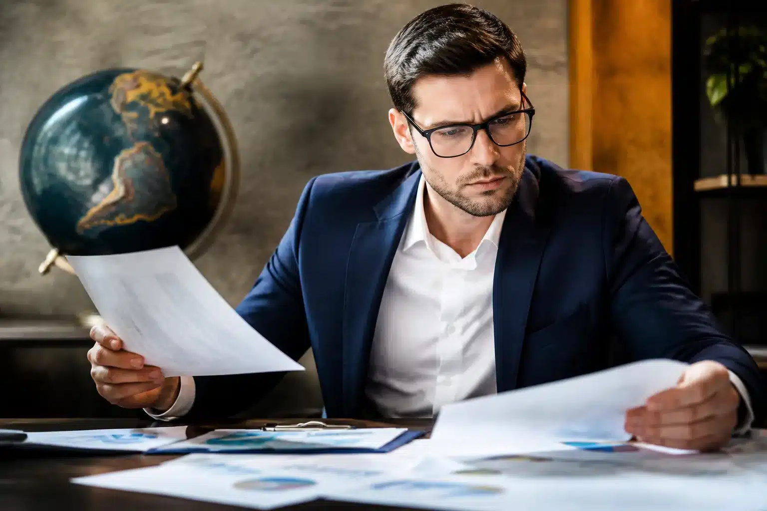 Personne assise consultant documents financiers avec globe terrestre visible