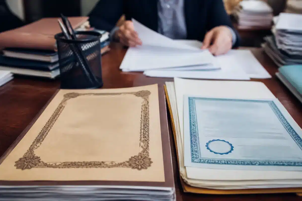 Documents mariage et certificat décès sur bureau administratif