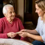 Personne agee assise recevant soutien financier d'un membre de famille