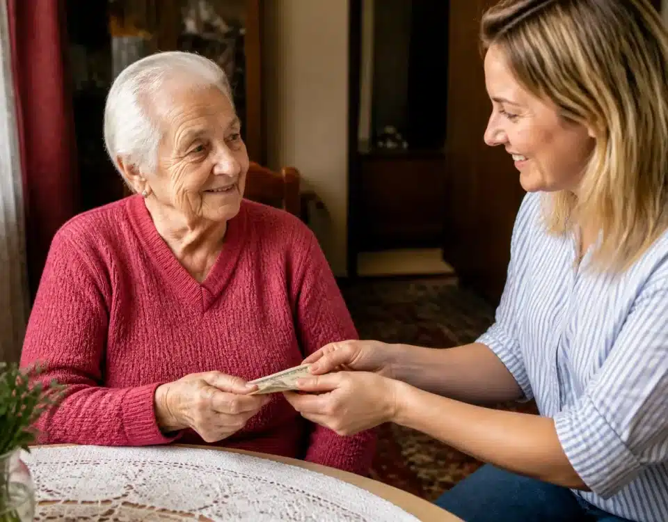 Personne agee assise recevant soutien financier d'un membre de famille