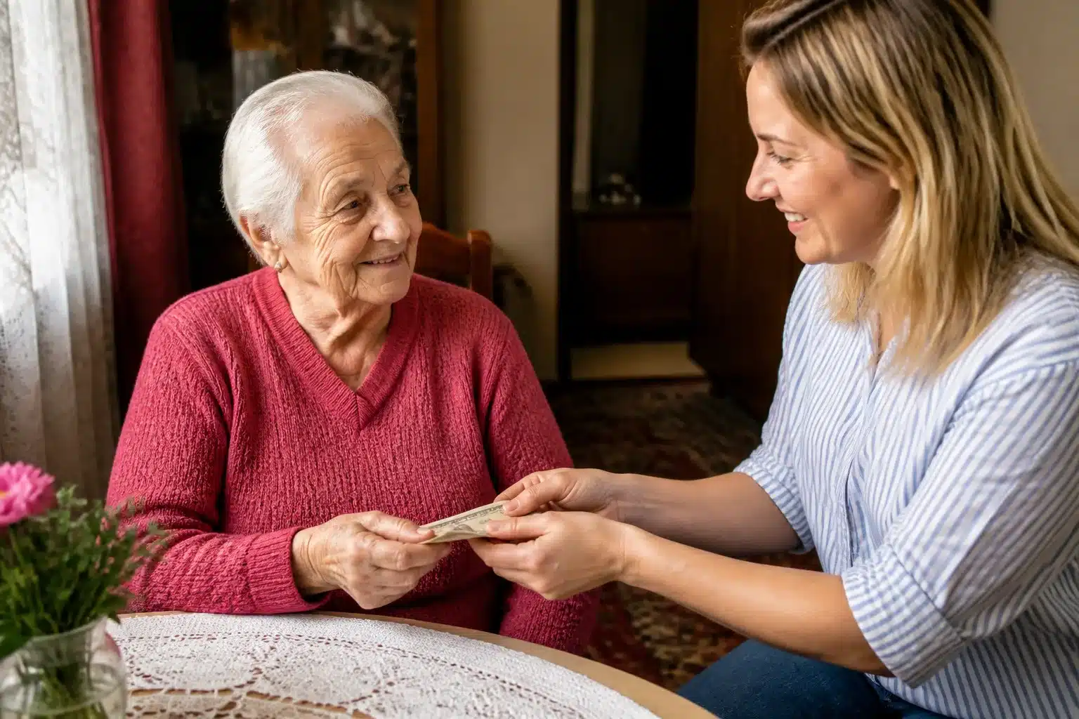 Personne agee assise recevant soutien financier d'un membre de famille