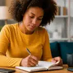Personne notant ses depenses dans un carnet, stylo a la main