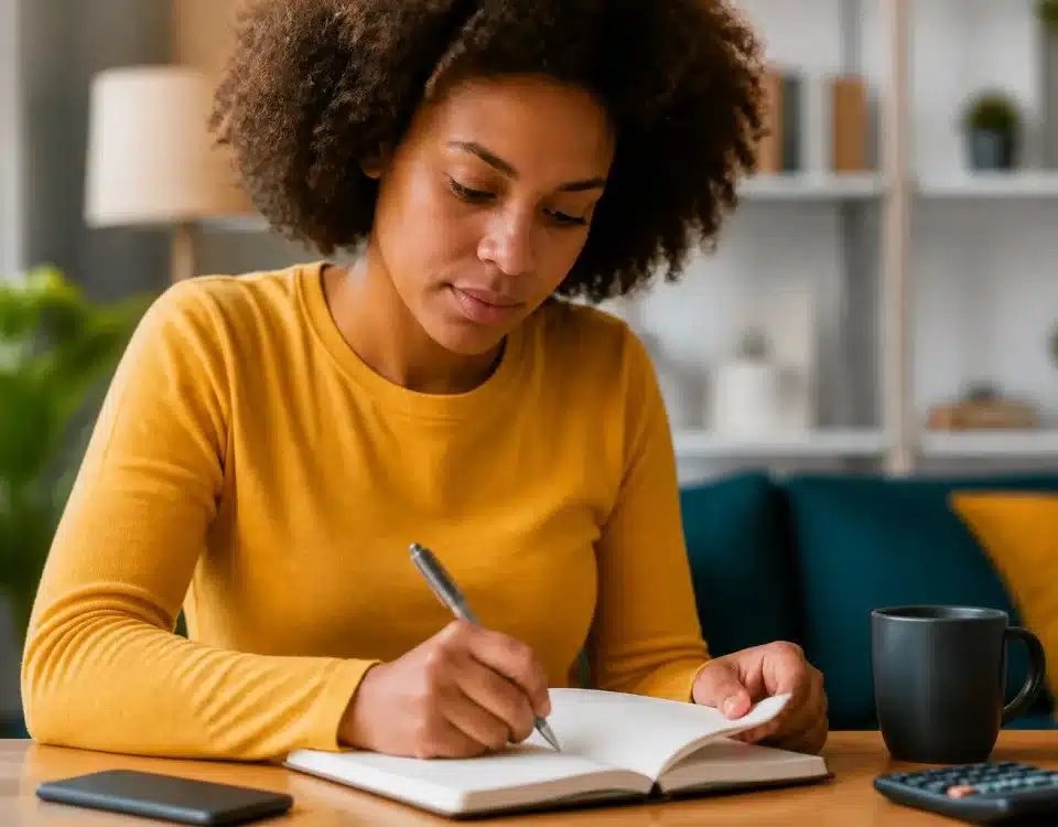 Personne notant ses depenses dans un carnet, stylo a la main
