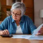 Femme agee assise consultant documents financiers avec calculatrice