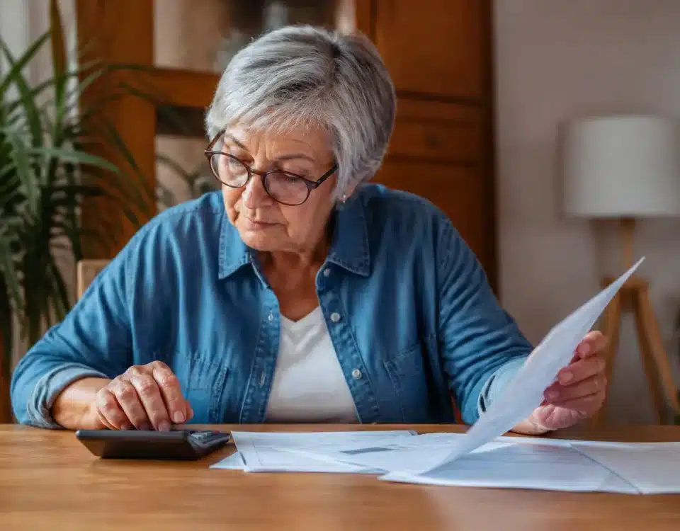 Femme agee assise consultant documents financiers avec calculatrice