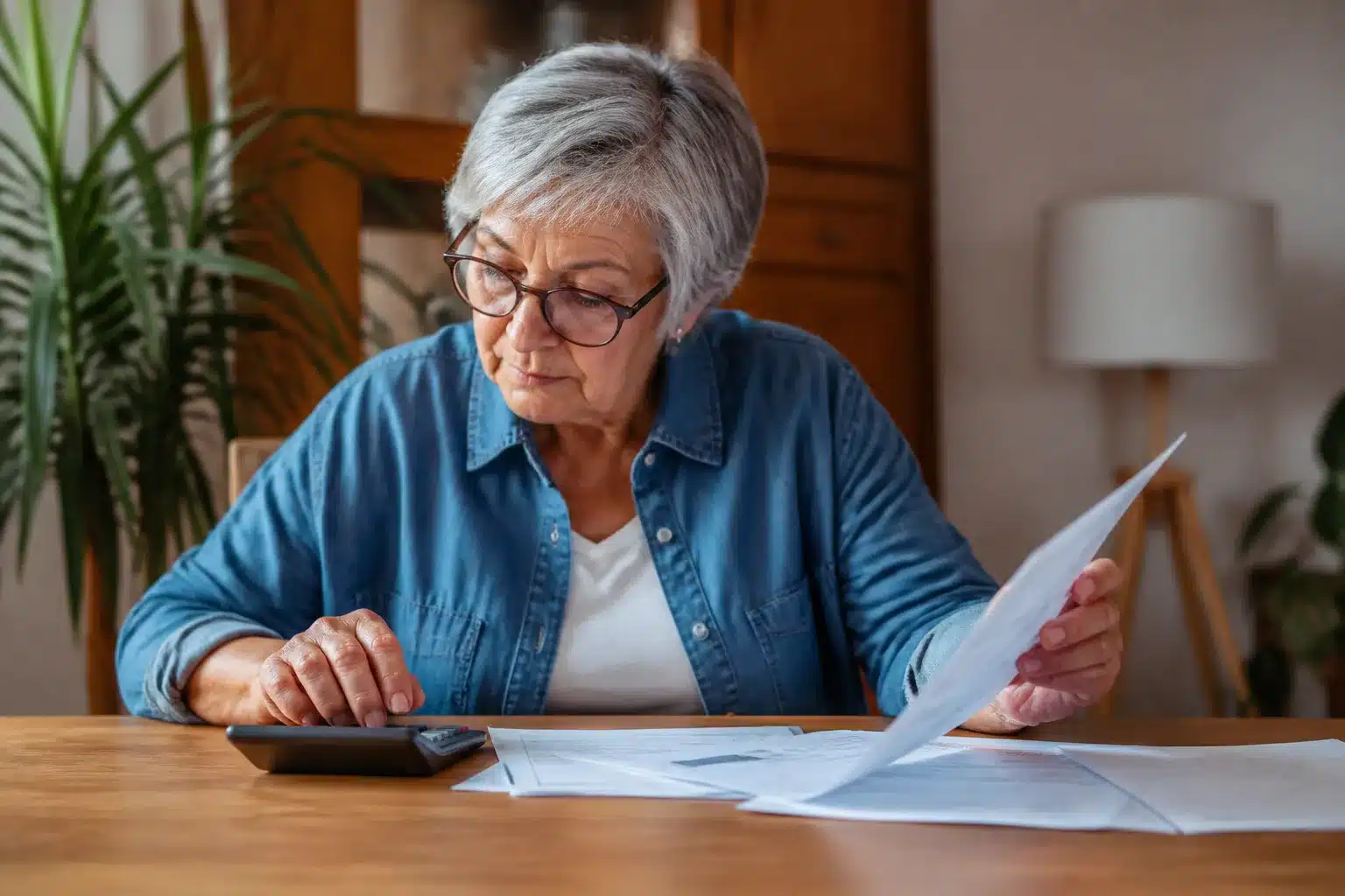 Femme agee assise consultant documents financiers avec calculatrice