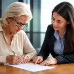 Personne agee signant document bancaire assistee par personne plus jeune