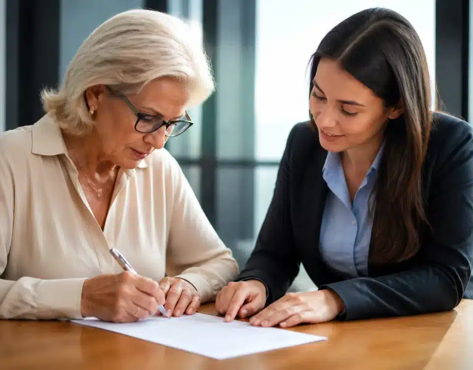 Personne agee signant document bancaire assistee par personne plus jeune