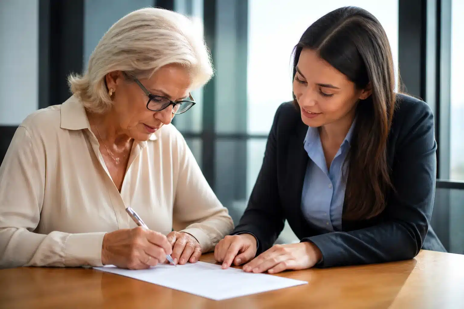 Personne agee signant document bancaire assistee par personne plus jeune