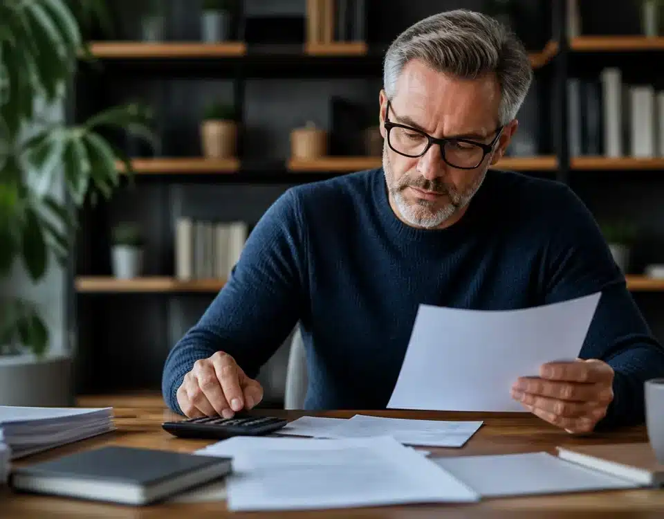 Homme assis a son bureau etudiant documents retraite calculs financiers