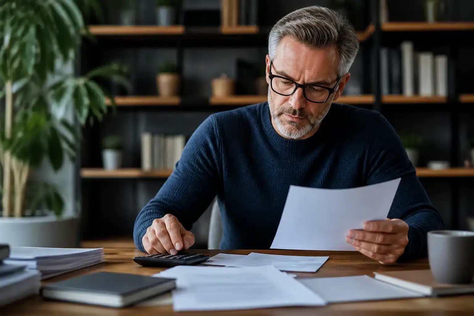 Homme assis a son bureau etudiant documents retraite calculs financiers