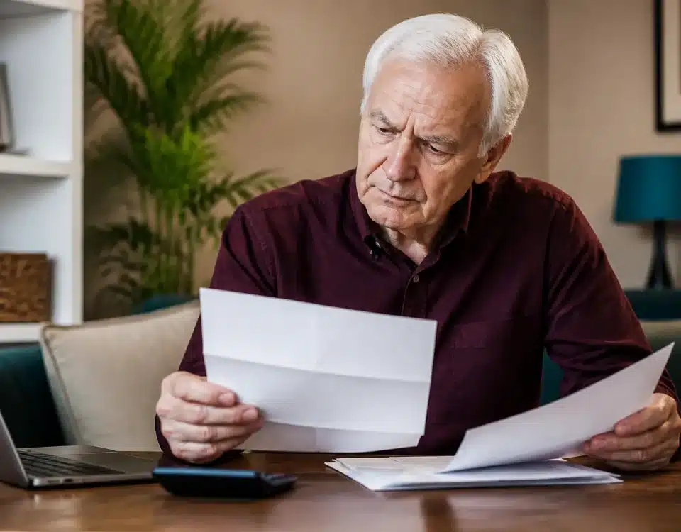 Homme âgé assis consultant documents financiers pension réduction