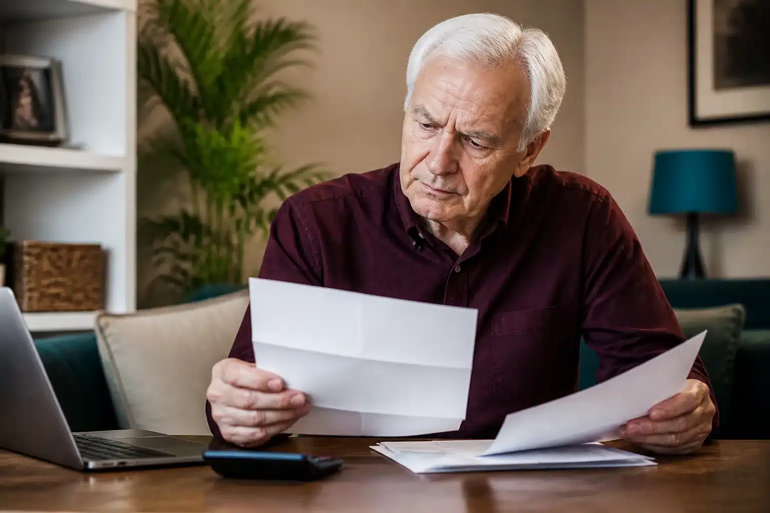 Homme âgé assis consultant documents financiers pension réduction