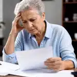 Personne agee assise consultent documents financiers inquiete