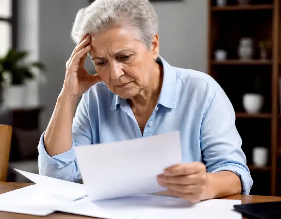 Personne agee assise consultent documents financiers inquiete
