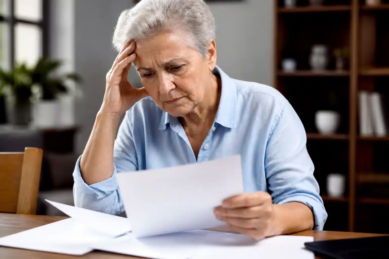 Personne agee assise consultent documents financiers inquiete
