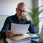 Personne assise au bureau tenant documents de retraite, calendrier visible