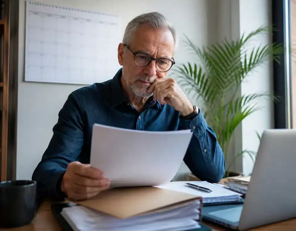 Personne assise au bureau tenant documents de retraite, calendrier visible