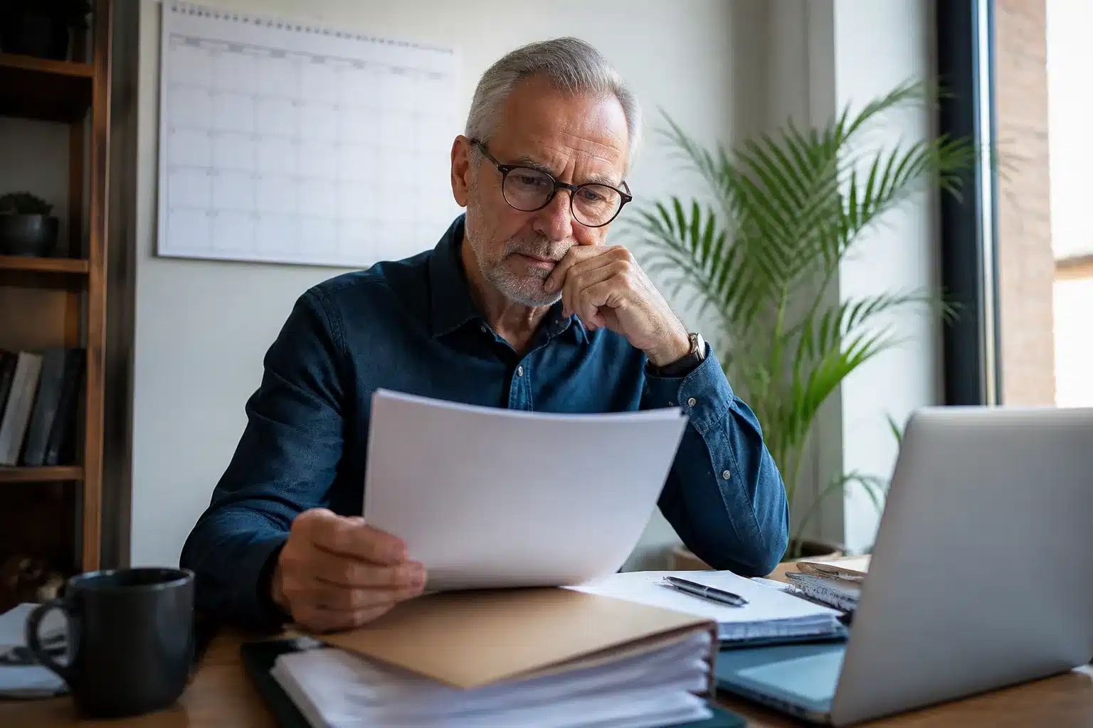 Personne assise au bureau tenant documents de retraite, calendrier visible
