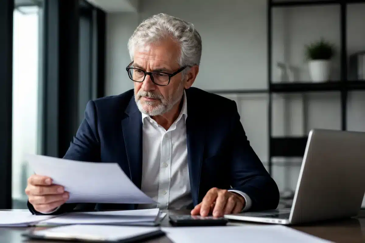 Homme senior consultant documents financiers à son bureau