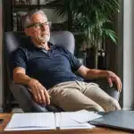 Homme assis relaxé, documents retraite devant lui, chaise confortable positionnée vers l'arrière
