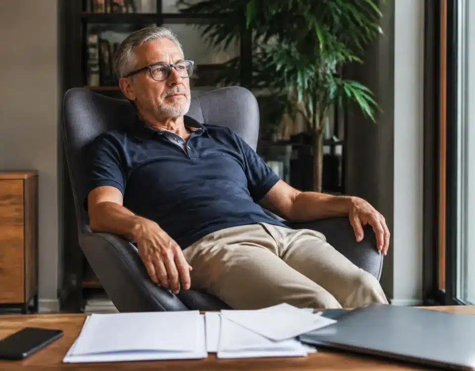 Homme assis relaxé, documents retraite devant lui, chaise confortable positionnée vers l'arrière