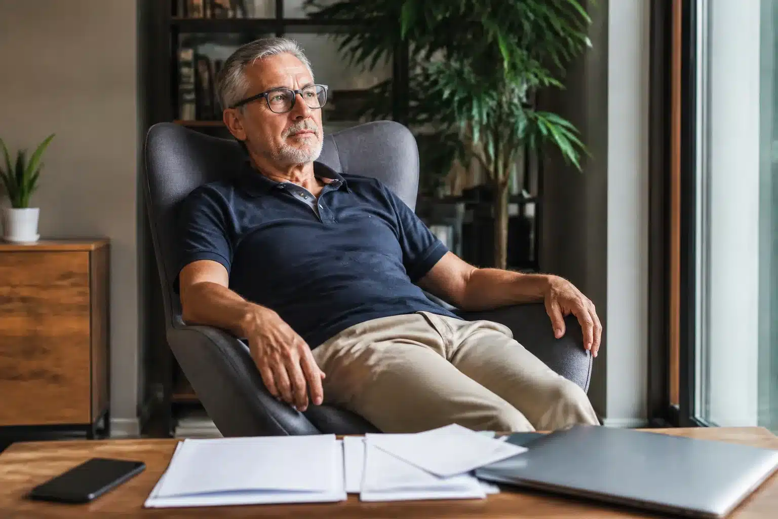 Homme assis relaxé, documents retraite devant lui, chaise confortable positionnée vers l'arrière