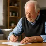 Personne agee signant document important sur table avec stylo