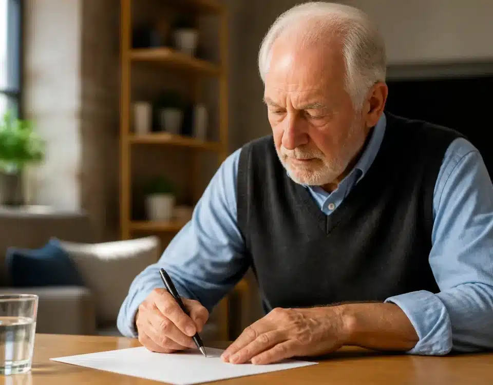 Personne agee signant document important sur table avec stylo