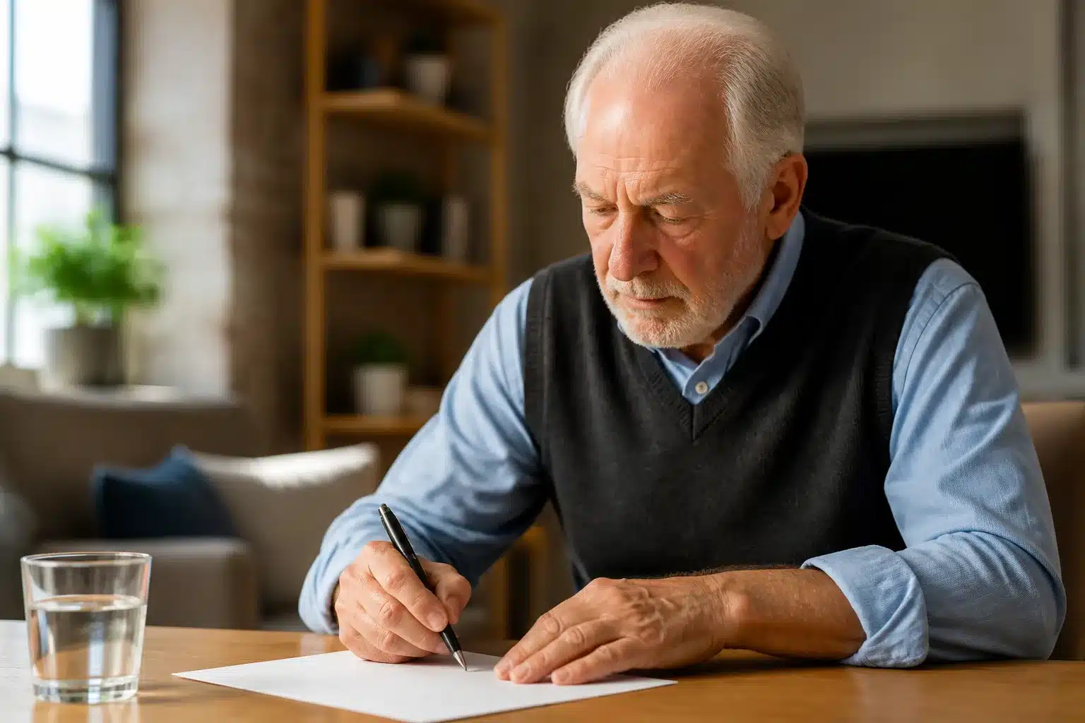 Personne agee signant document important sur table avec stylo
