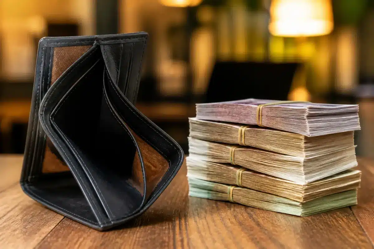 Portefeuille vide avec billets empilés symbolisant l'épargne discrète