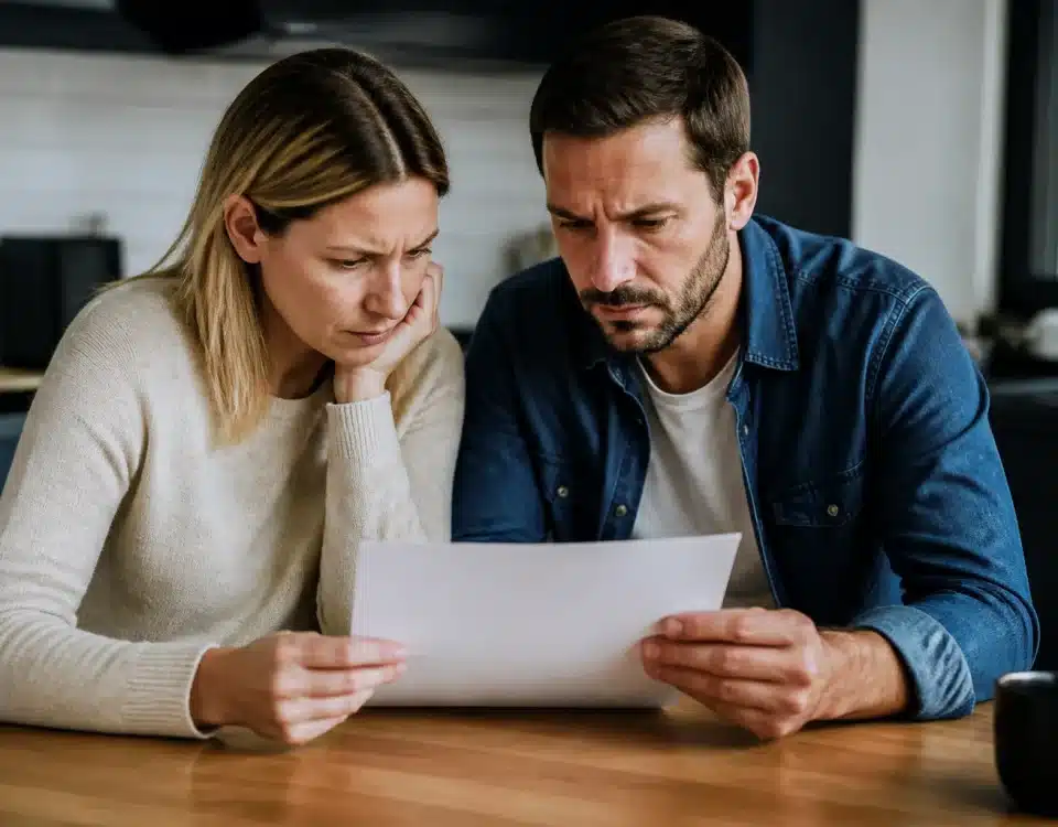 Deux parents examinant ensemble un document administratif sur une table