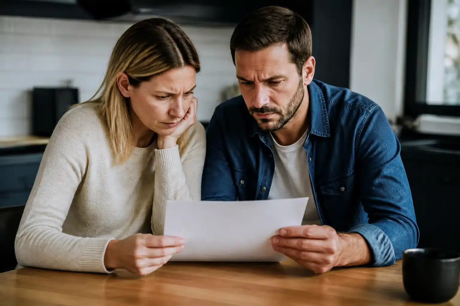 Deux parents examinant ensemble un document administratif sur une table