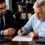 Personne agee signant document financier avec conseiller juridique present