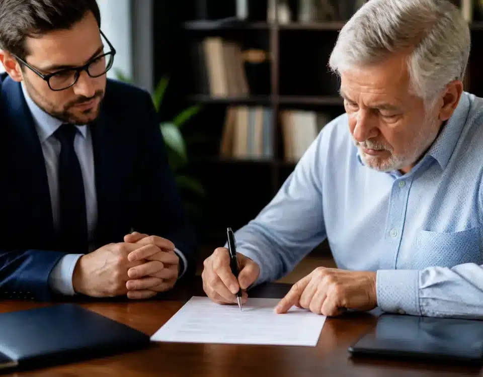 Personne agee signant document financier avec conseiller juridique present