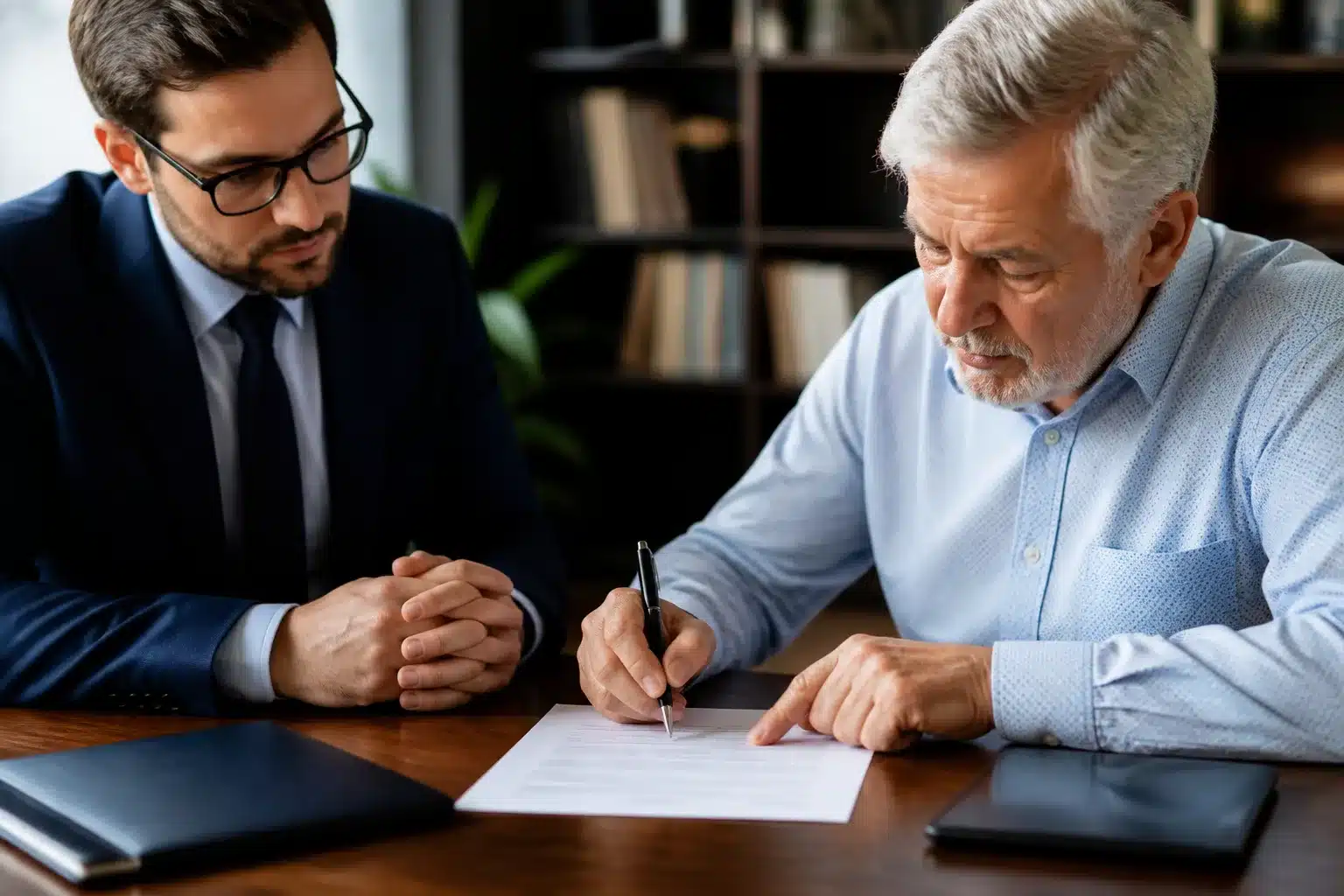 Personne agee signant document financier avec conseiller juridique present