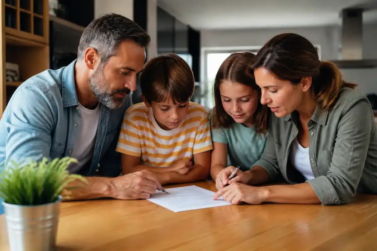Famille réunie autour d'un document legal avec stylo