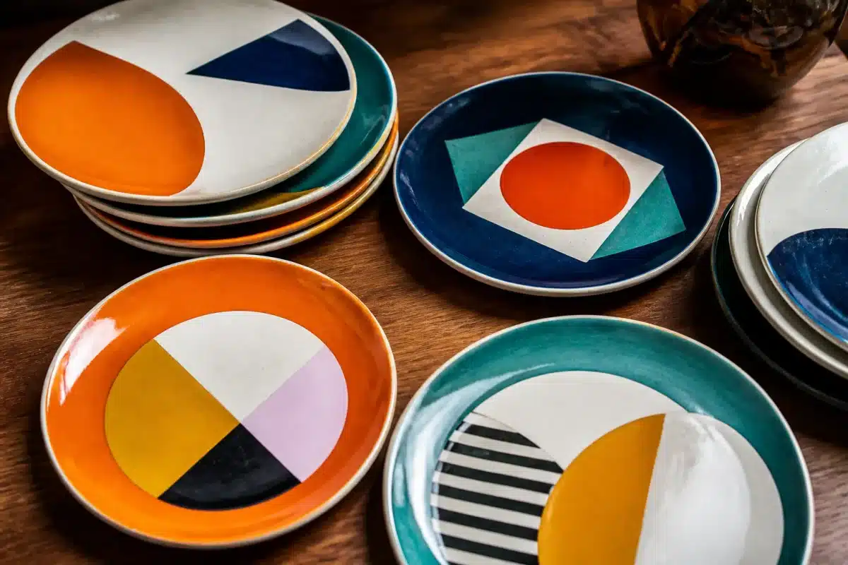 Assiettes colorees des annees 60 avec motifs geometriques retro