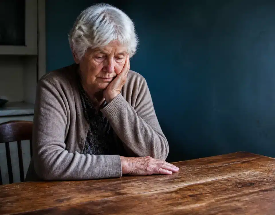 Femme agee assise seule a table vide sans argent devant elle