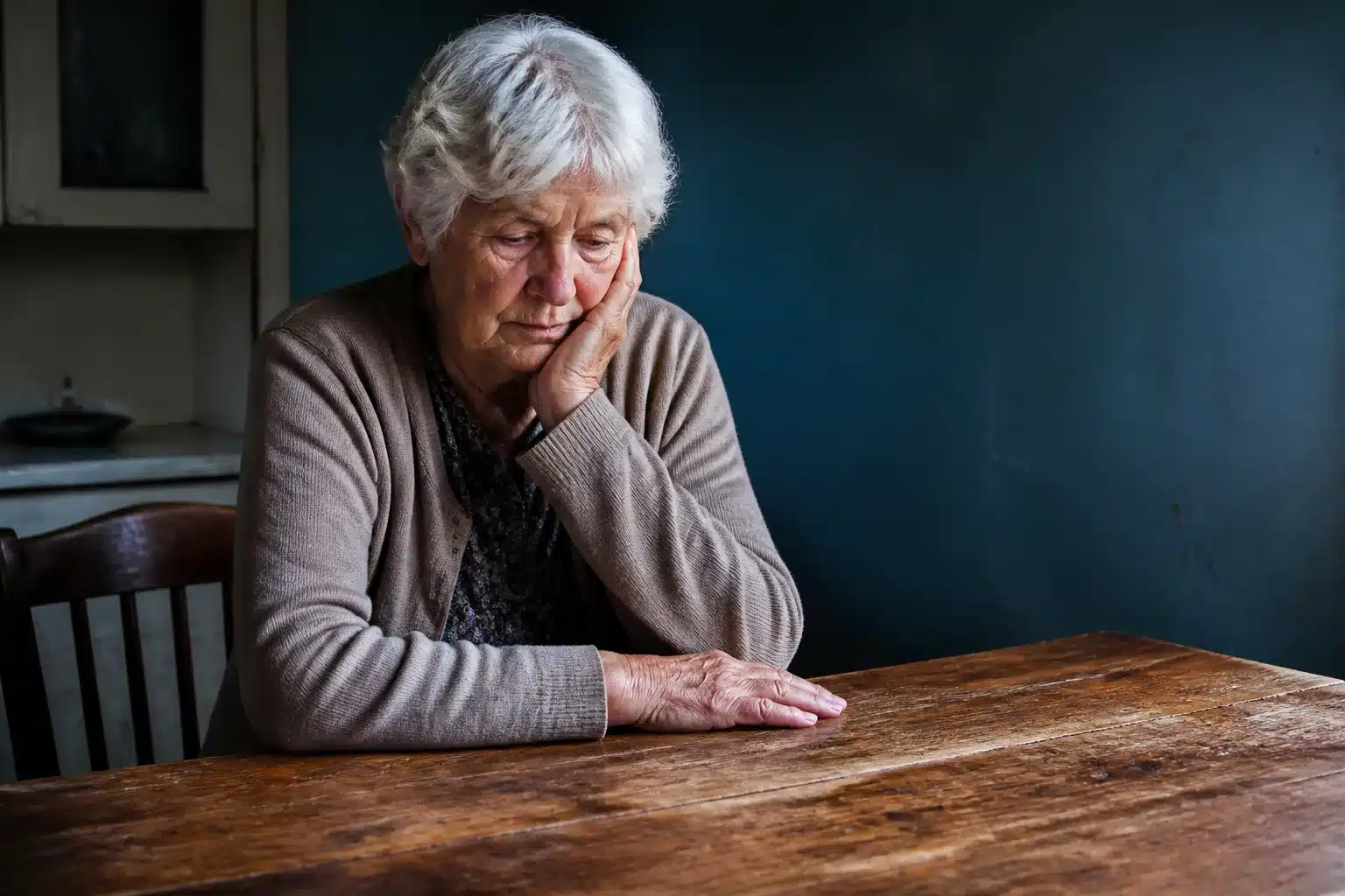 Femme agee assise seule a table vide sans argent devant elle