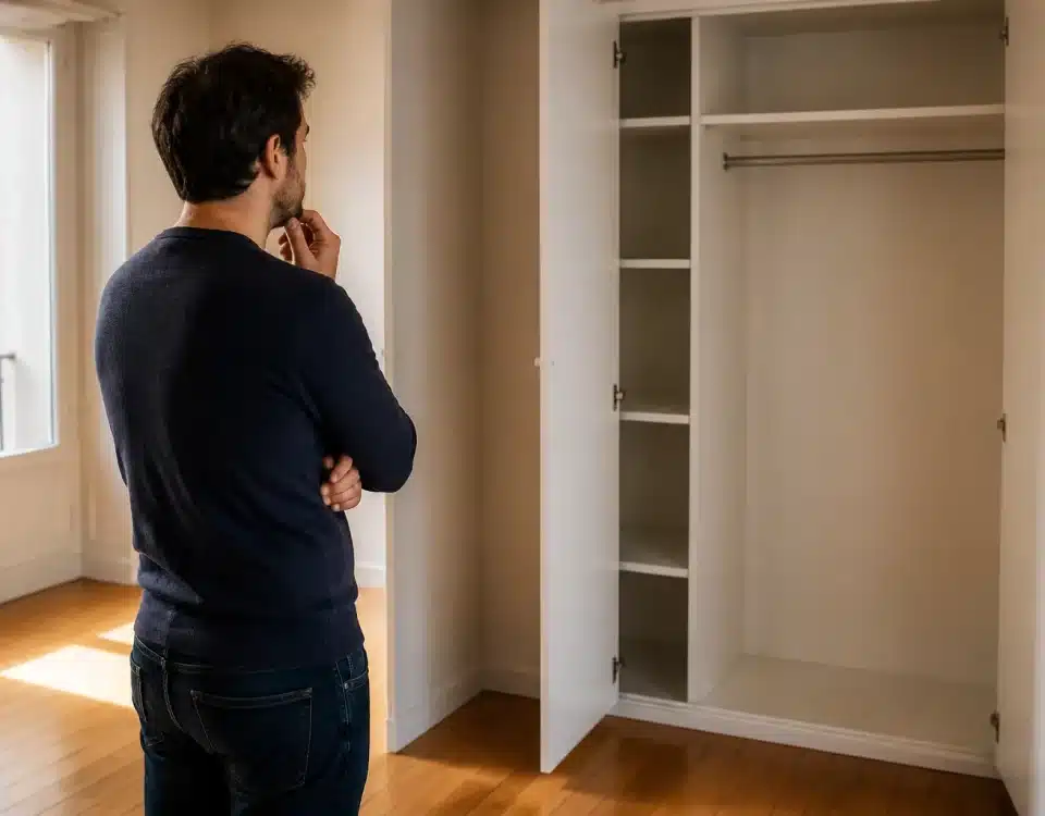 Homme vide armoire appartement avant intervention notaire
