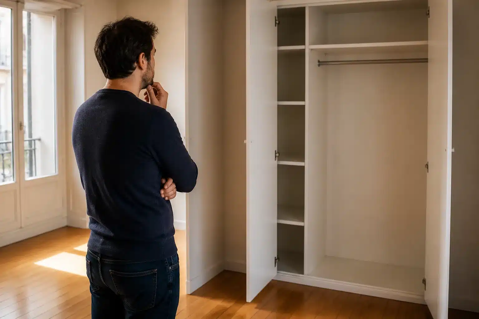 Homme vide armoire appartement avant intervention notaire