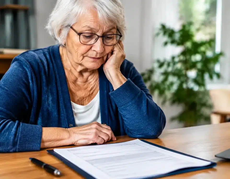 Personne agee assise face a un formulaire d'admission pour maison de retraite