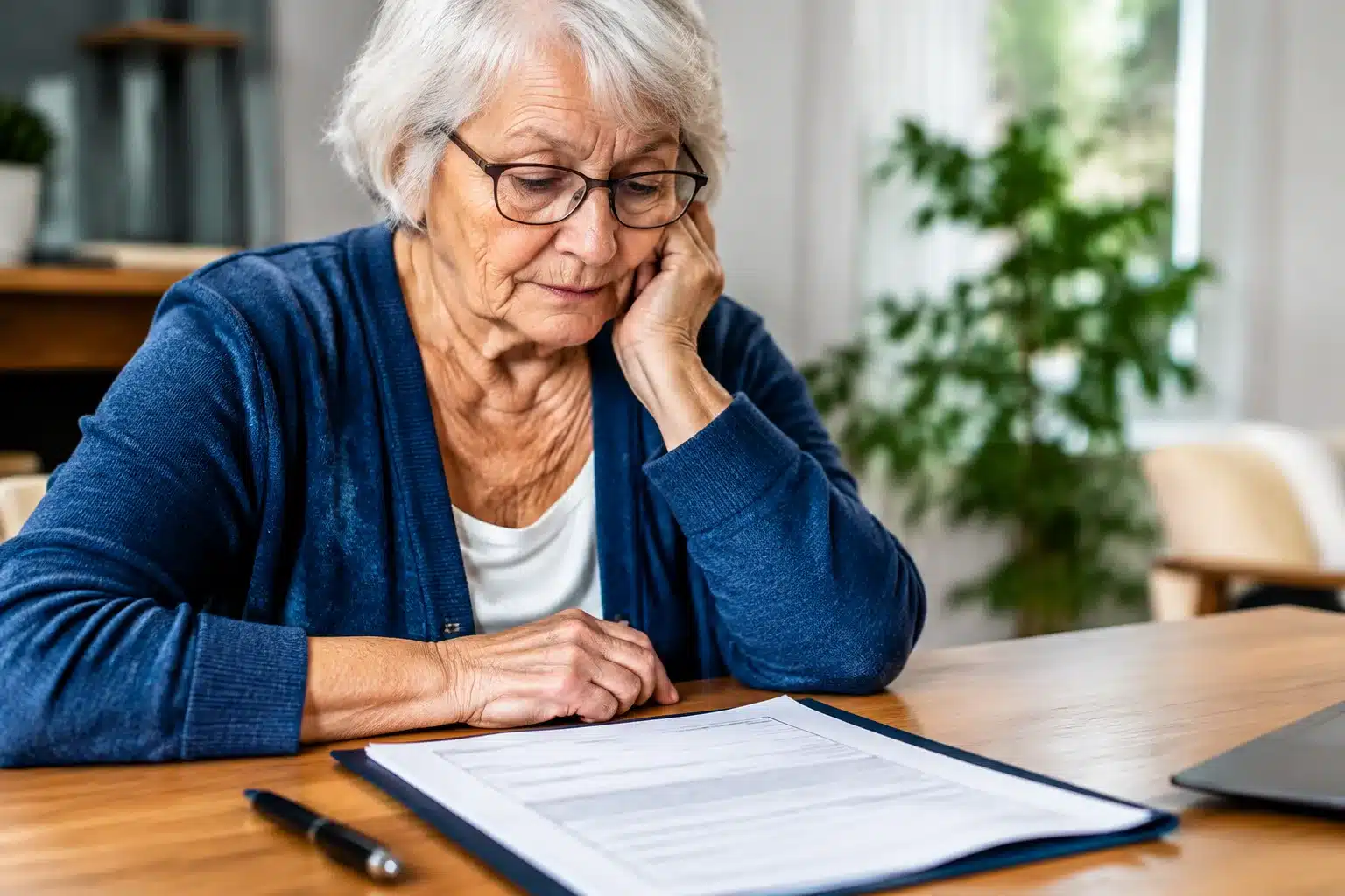 Personne agee assise face a un formulaire d'admission pour maison de retraite